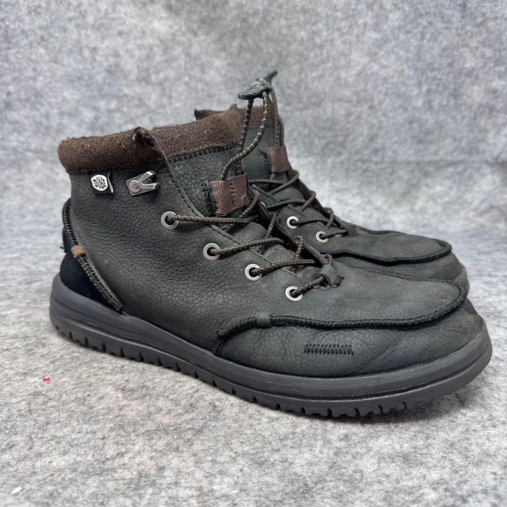 Hey Dude Mens 11 Bradley Boot Leather Black Wool Lining Moc Toe Chukka Boots